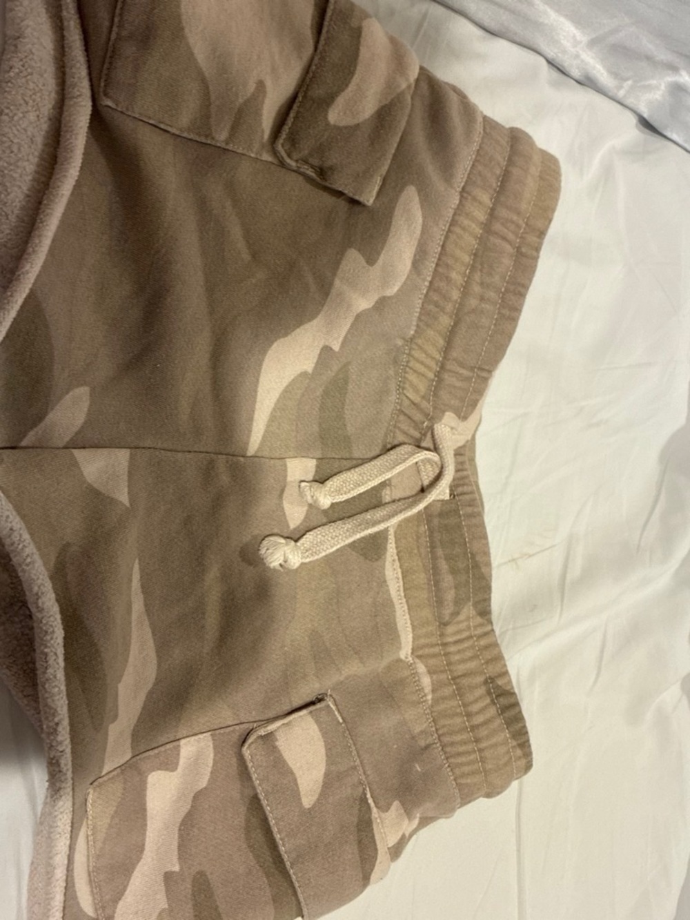 Women’s Beige Camo Athletic Cargo Shorts with Drawstring Waist